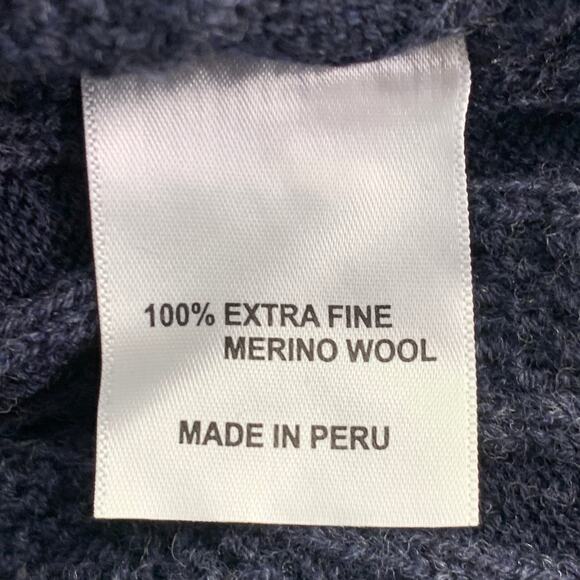 LENOR ROMANO Size M Navy Cable Knit Merino Wool V-Neck Pullover - Picture 5 of 6